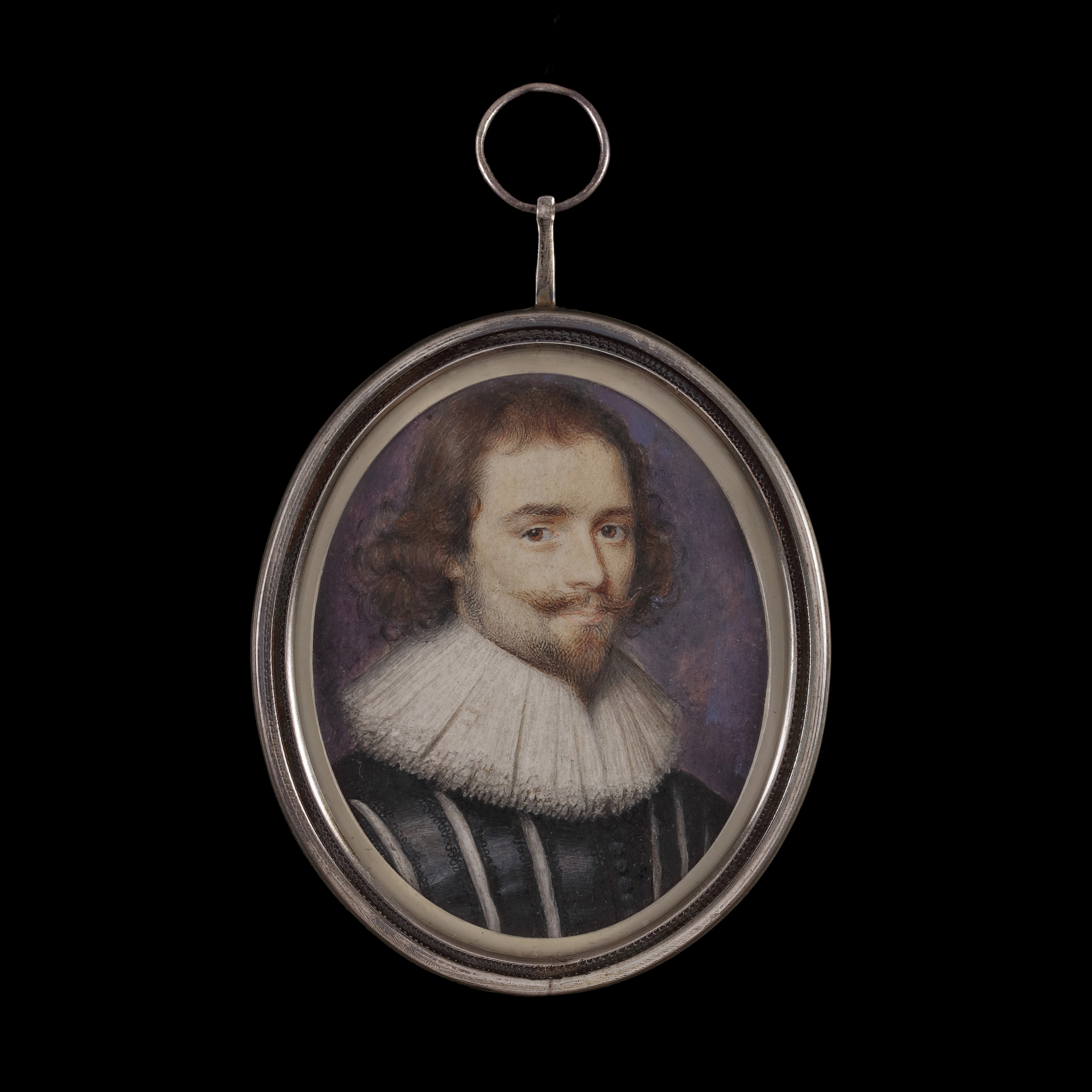 Portrait miniature of George Villiers, Marquess of Buckingham, later 1st Duke of Buckingham (1592-1628), wearing black silk doublet slashed to reveal white and falling lace ruff; circa 1620